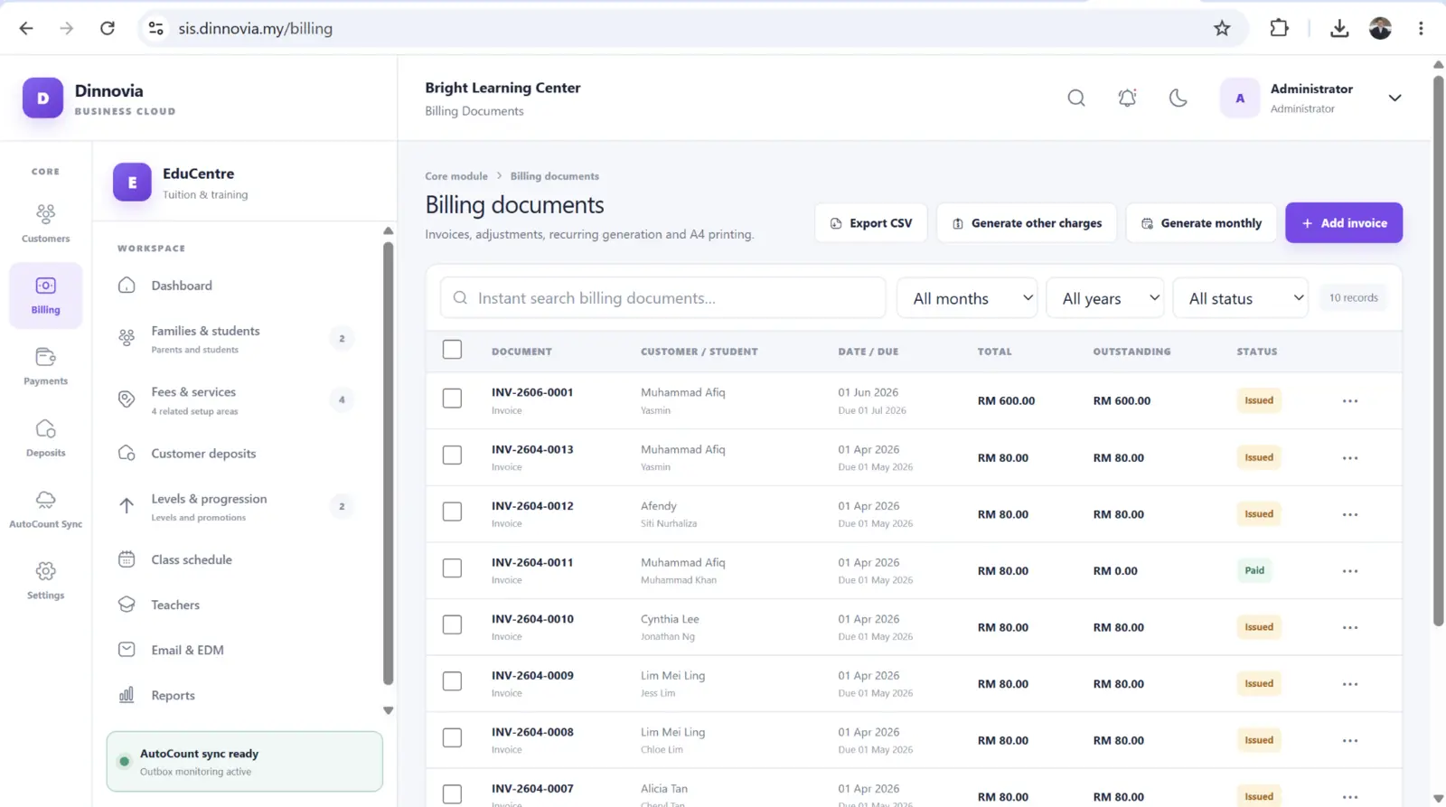 Monthly billing documents in S-Dinnovia