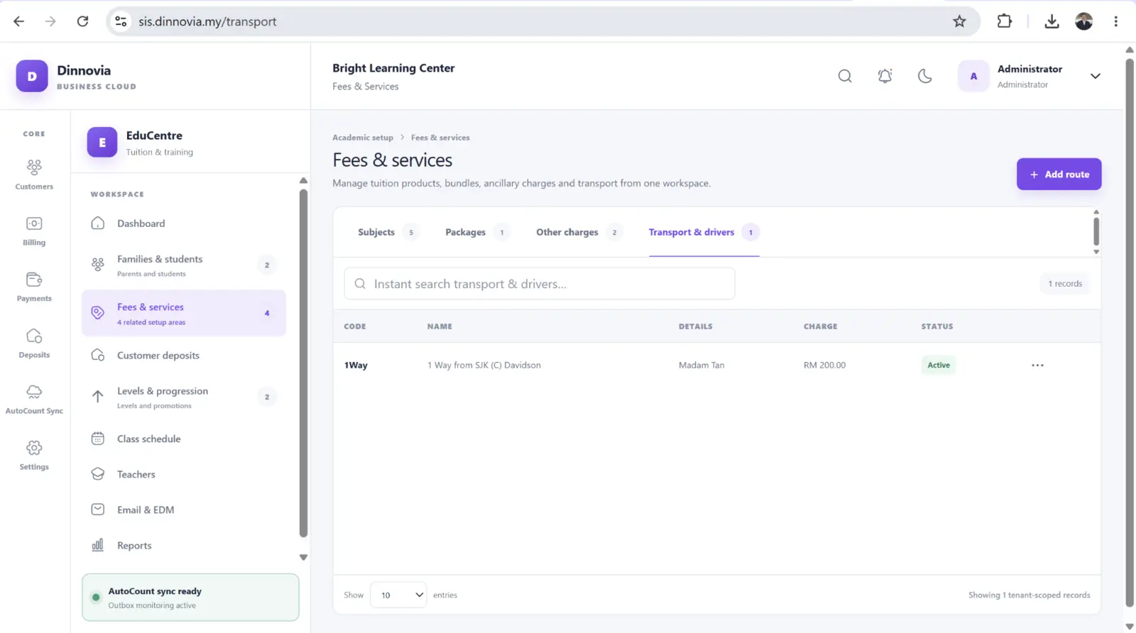 Payment and fee services screen